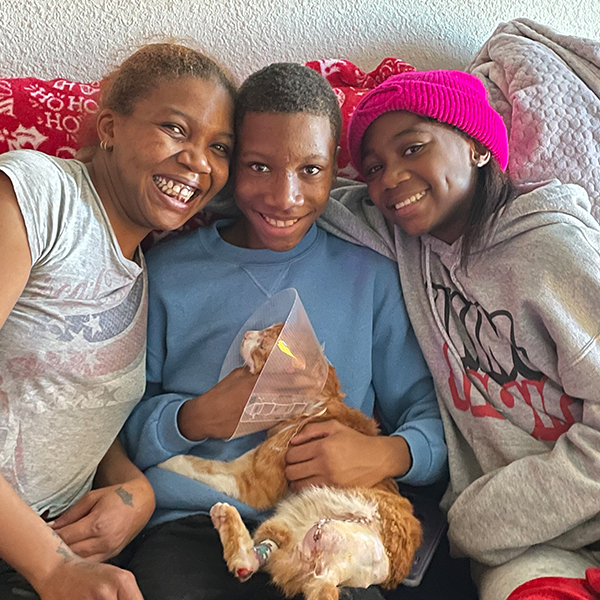 Waffles the cat back with his family